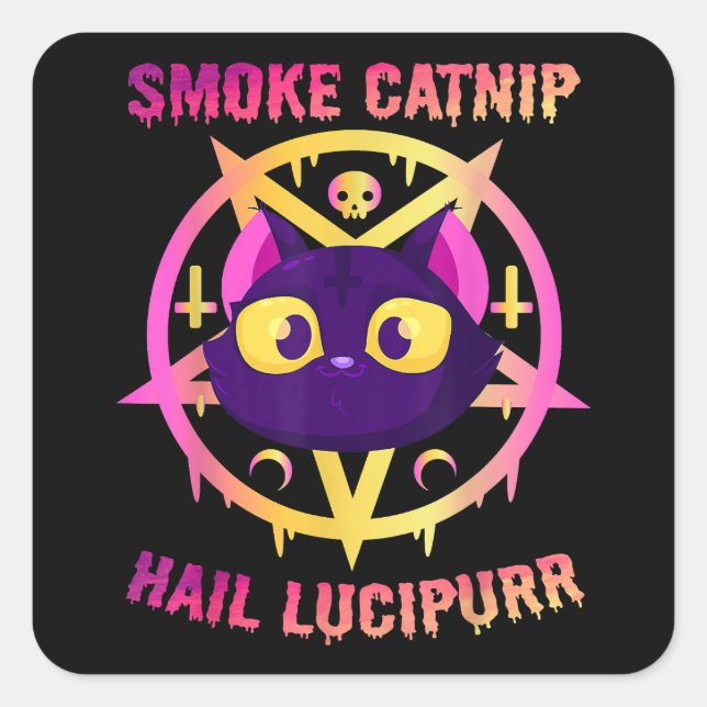 Smoke Catnip Hail Lucipurr, Funny Satanic Cat Kitt Square Sticker (Front)