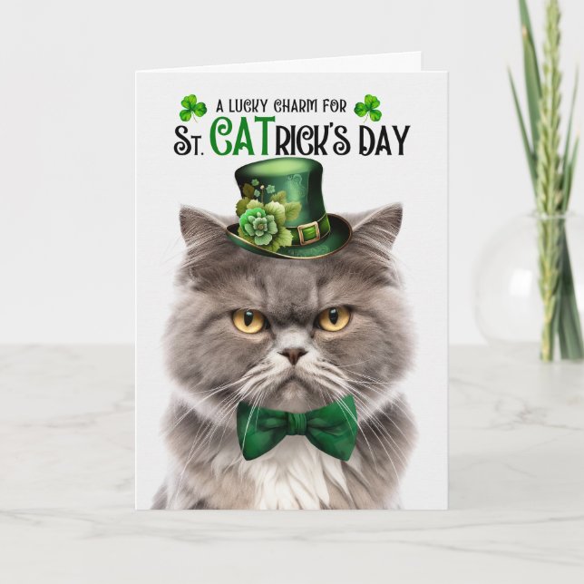 Smoke Coloured Persian Cat St CATrick's Day Holiday Card (Front)
