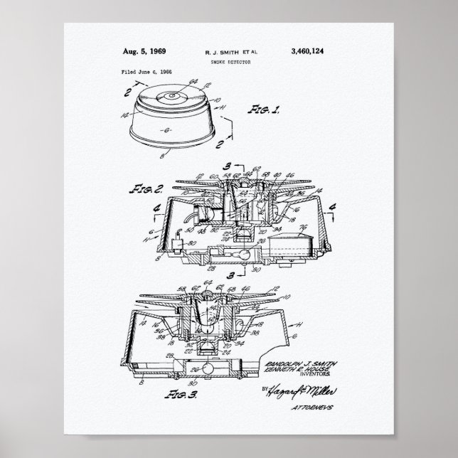 Smoke Detector 1969 Patent Art - White Paper Poster (Front)