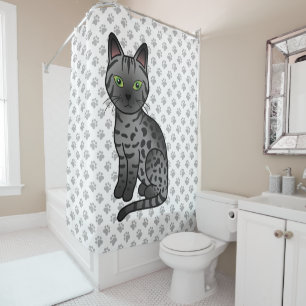 Smoke Egyptian Mau Cute Cartoon Cat & Paws Shower Curtain