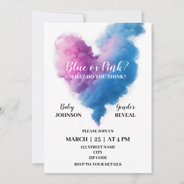 smoke heart gender reveal party invitation (Front)