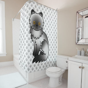 Smoke Persian Cute Cartoon Cat & Paws Shower Curtain
