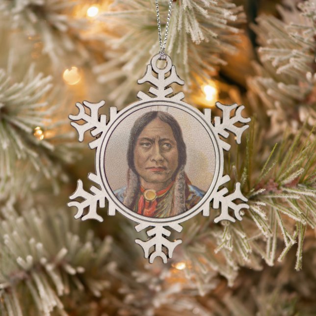 Smoke Signals: Lakota Indian Chief Sitting Bull Snowflake Pewter Christmas Ornament (Tree)