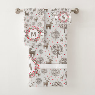 Smoke White Reindeer Pattern Watercolor Monogram Bath Towel Set
