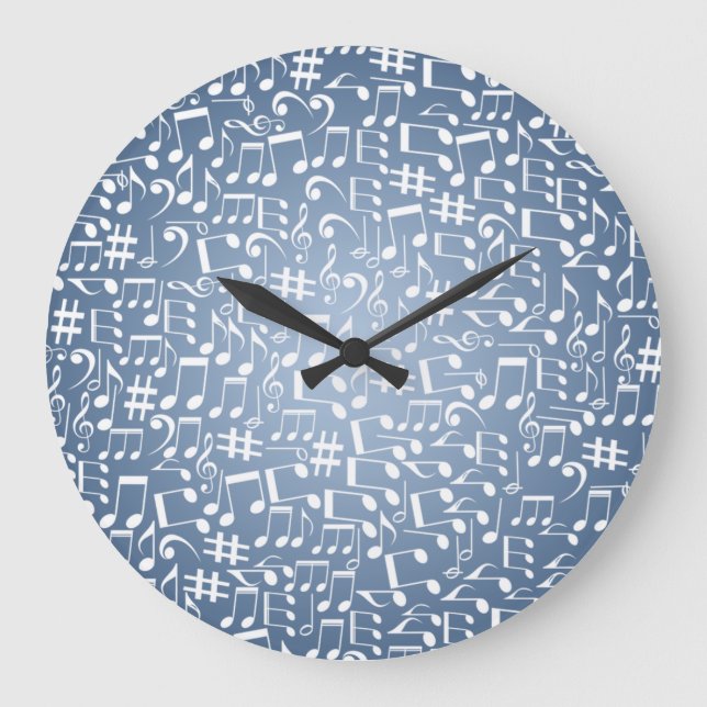 Smokey Blue Shades Dark to Light Music Notes Large Clock (Front)