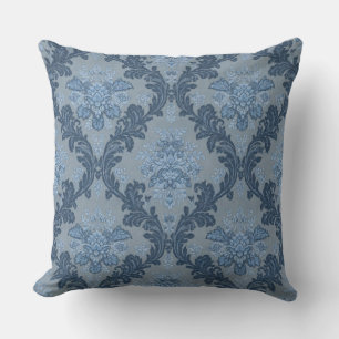 Smokey Blue Slate Soft Powder Blue Elegant Damask Cushion
