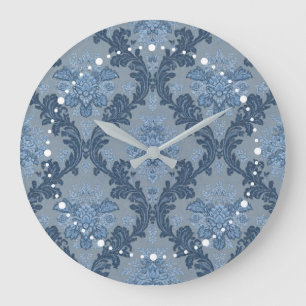 Smokey Blue Slate Soft Powder Blue Elegant Damask Large Clock