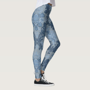 Smokey Blue Slate Soft Powder Blue Elegant Damask Leggings