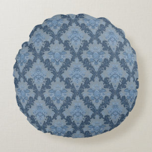 Smokey Blue Slate Soft Powder Blue Elegant Damask Round Cushion