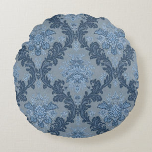 Smokey Blue Slate Soft Powder Blue Elegant Damask Round Cushion