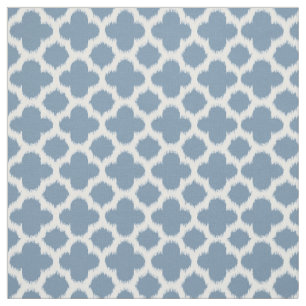 Smokey Grey Blue White Ikat Quatrefoil Pattern Fabric