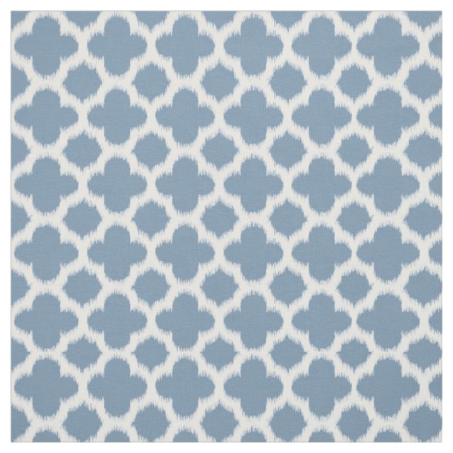 Smokey Grey Blue White Ikat Quatrefoil Pattern Fabric (Swatch)