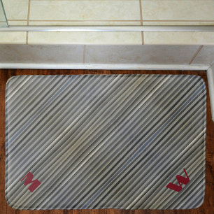 Smokey Grey Monochromatic Stripes Monogrammed Bath Mat