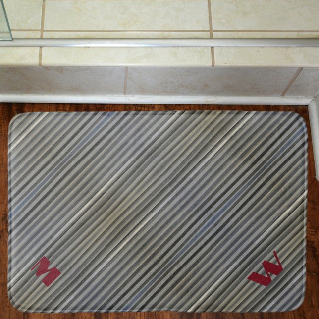 Smokey Grey Monochromatic Stripes Monogrammed Bath Mat (Creator Uploaded)