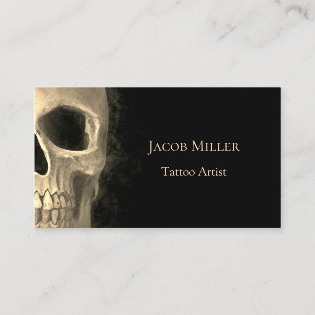 Smokey Half Skull Gothic Black Beige Tattoo Shop Business Card (Front)