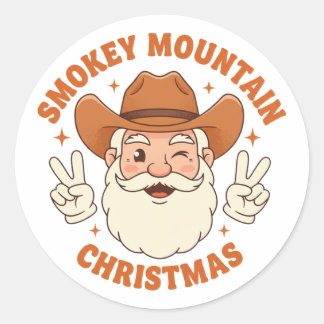 Smokey Mountain Christmas Retro Cowboy Santa Classic Round Sticker