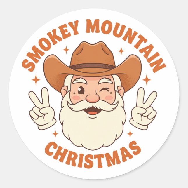 Smokey Mountain Christmas Retro Cowboy Santa Classic Round Sticker (Front)