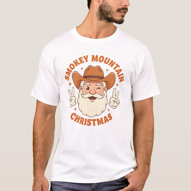 Smokey Mountain Christmas Retro Cowboy Santa T-Shirt (Front)
