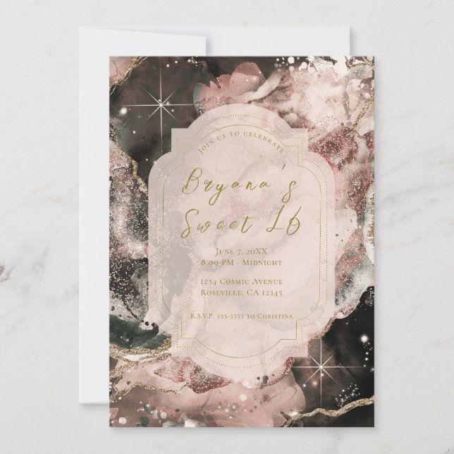 Smokey Pink Galaxy Watercolor Gold Sweet l6 Invitation (Front)