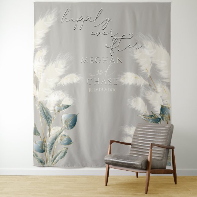 Smokey Teal Anthurium Flowers Ivory Pampas Grass Tapestry (In Situ)