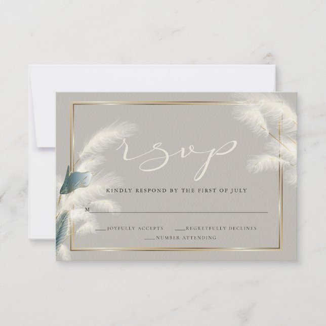 Smokey Teal  Anthurium Pampas Grass RSVP Card (Front)