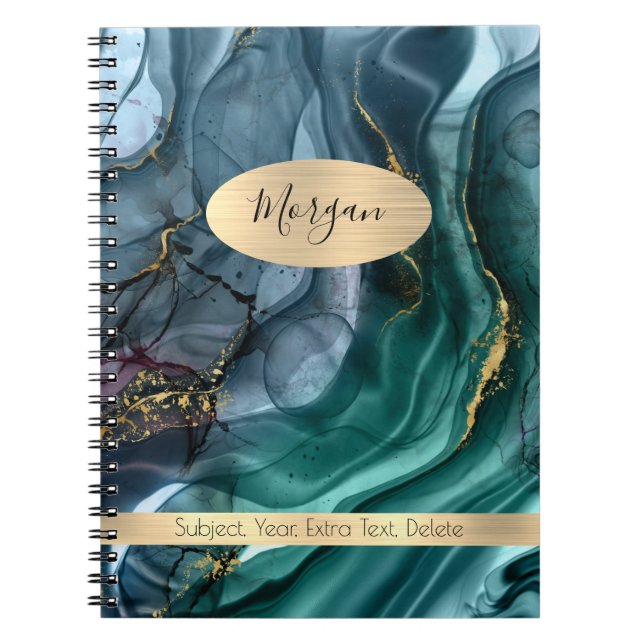 Smokey Teal Grey Gold Ink Abstract Name/Subject #3 Notebook (Front)