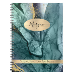 Smokey Teal Grey & Gold Ink Abstract, Name/Subject Notebook