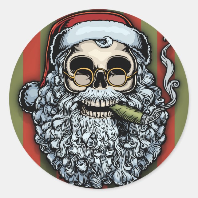 Smokin' Santa Skull Classic Round Sticker (Front)