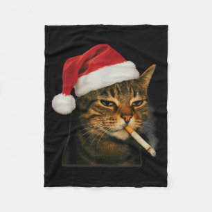 Smoking Cat Cigarette Christmas Santa Hat Cat Meme Fleece Blanket
