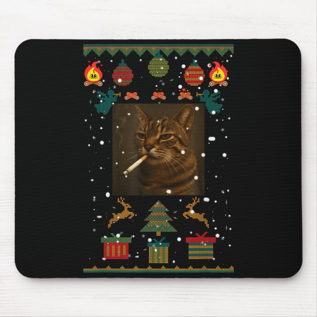 Smoking Cat Cigarette Meme Sarcasm Ugly Christmas  Mouse Pad (Front)