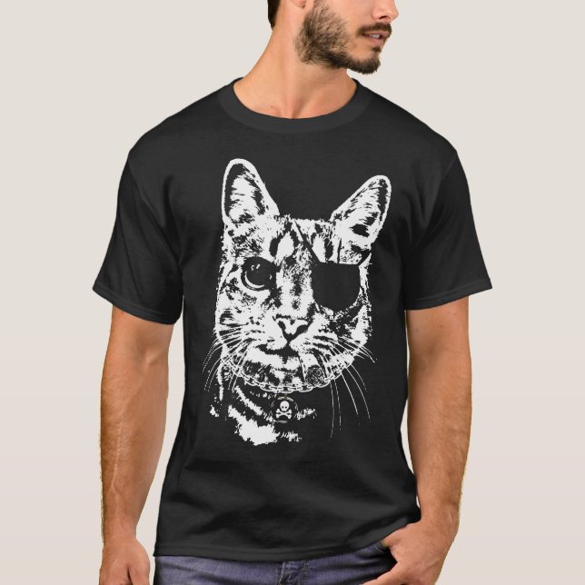 Smoking Cat With Eye Patch Pirate Skull Crossbones T-Shirt (Front)