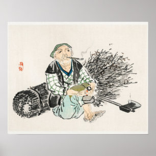 Smoking farmer with branches by Kōno Bairei Poster