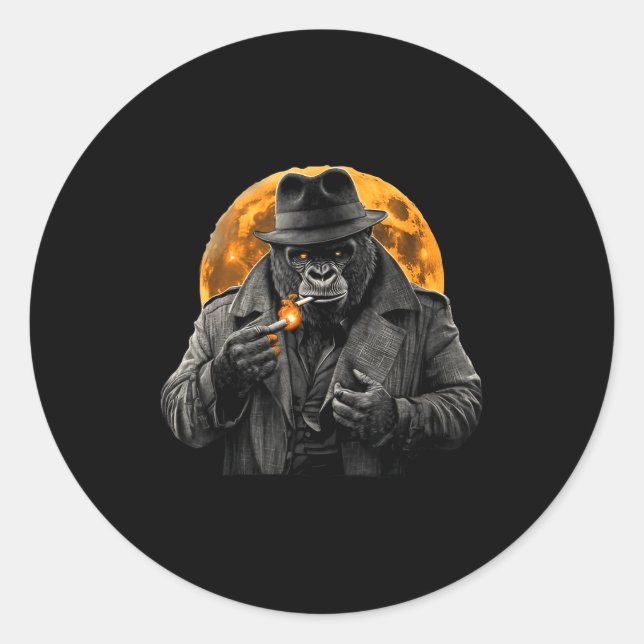 Smoking Gorilla In Trench Coat With Orange Moon Ar Classic Round Sticker (Front)