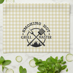 Smoking Hot Grillmaster Tan Gingham Check Tea Towel