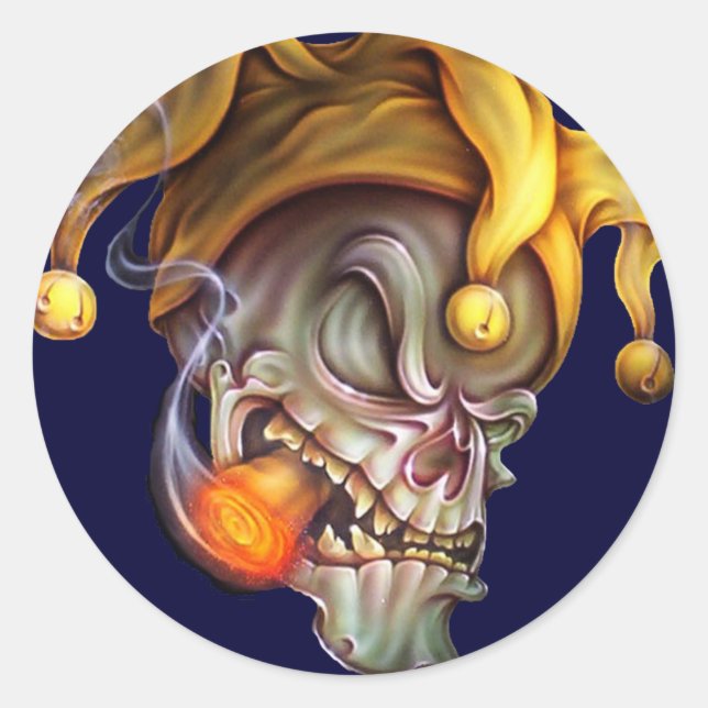 Smoking Jester Skull Classic Round Sticker (Front)