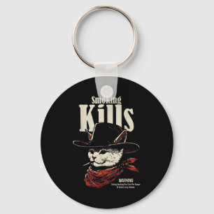 Smoking kills funny cowboy cat with hat quote key ring