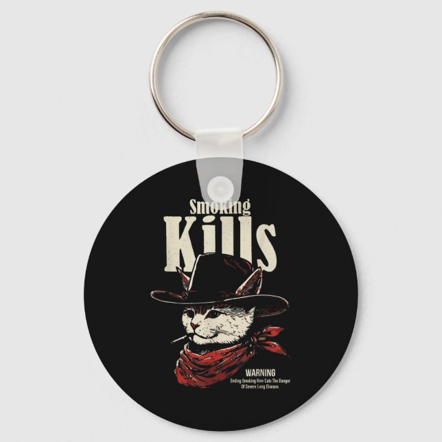 Smoking kills funny cowboy cat with hat quote  key ring (Front)