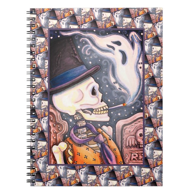 SMOKING SKELETON WITH GHOSTS IN SPOOKY CEMETERY NOTEBOOK (Front)