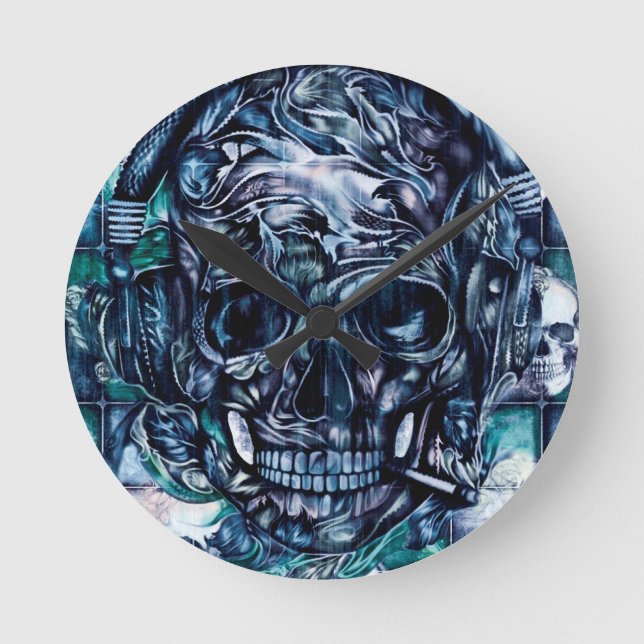 Smoking skull with headphones. round clock (Front)