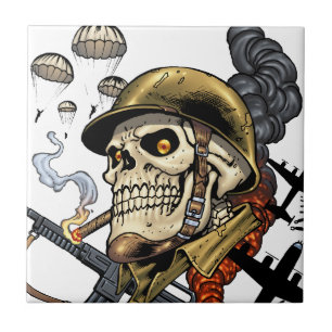 Smoking Skull with Helmet, Aeroplanes and Bombs Ceramic Tile
