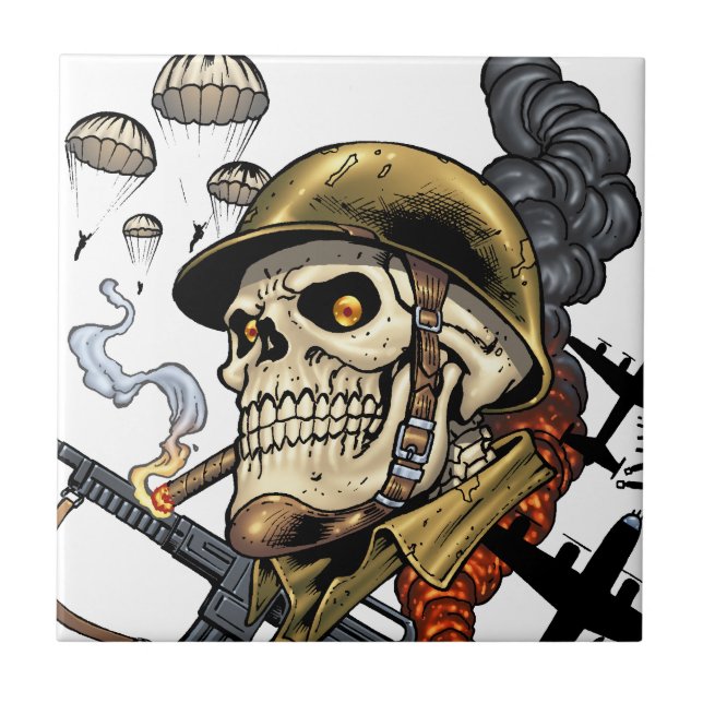 Smoking Skull with Helmet, Aeroplanes and Bombs Ceramic Tile (Front)