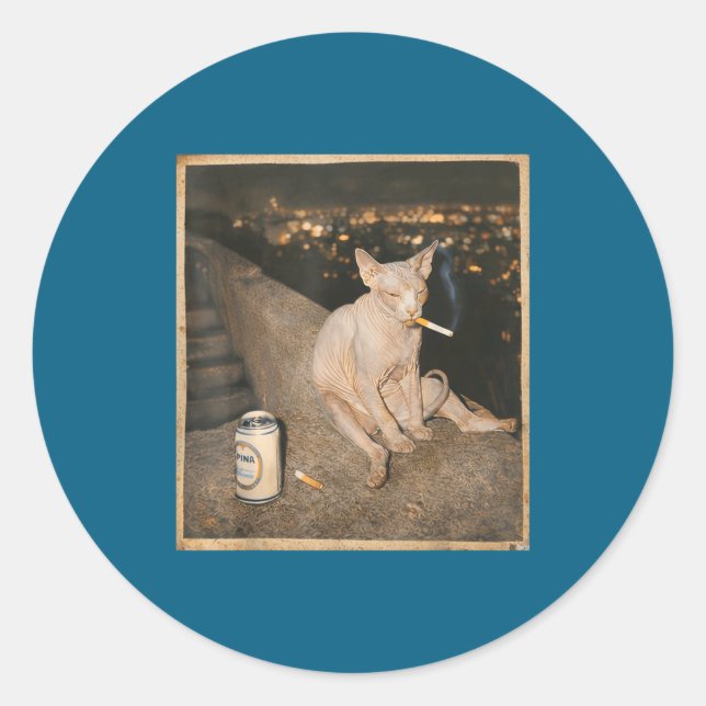 Smoking Sphynx Cat Meme Funny Classic Round Sticker (Front)