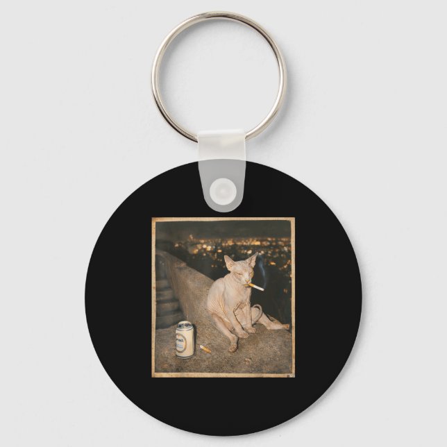Smoking Sphynx Cat Meme Funny Illustration Key Ring (Front)