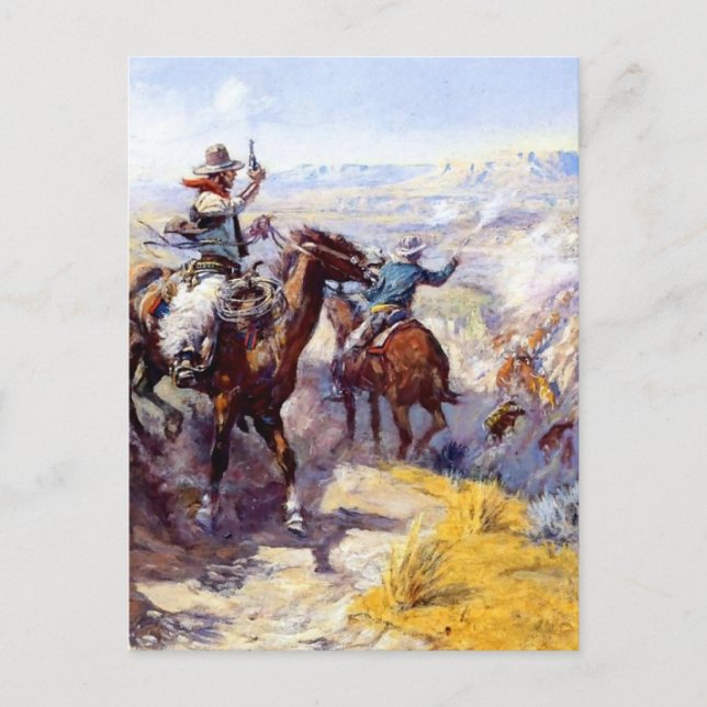 “Smoking Them Out” Western Art by Charles M Russel Postcard (Front)