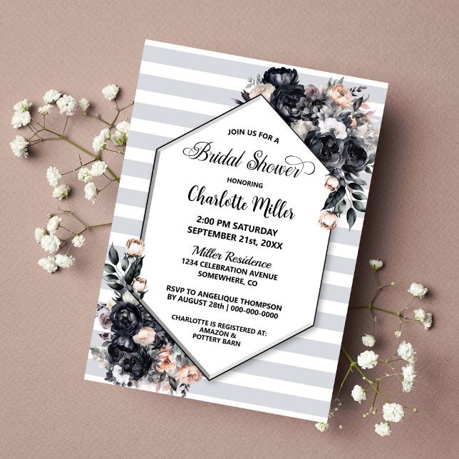 Smoky Black Floral Striped Geometric Bridal Shower Invitation (Creator Uploaded)