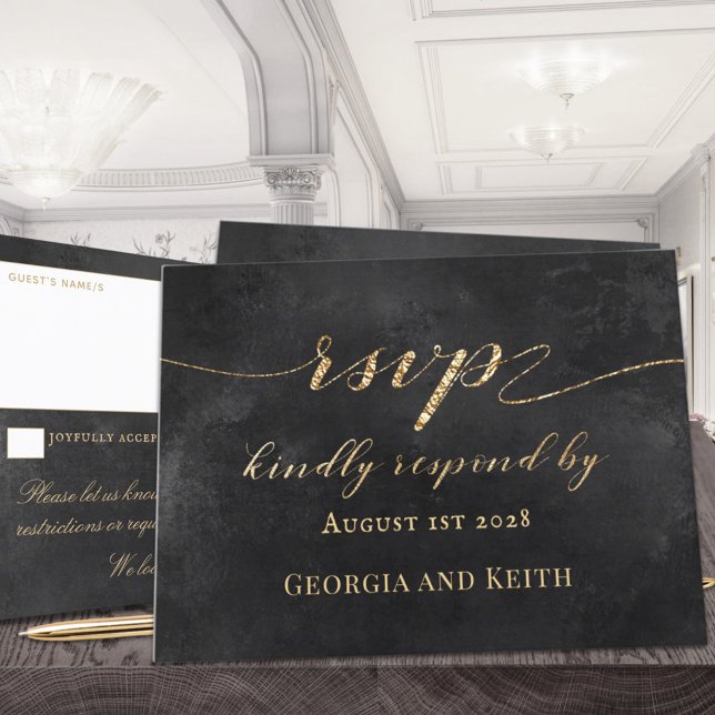 Smoky Black & Gold Elegant Wedding RSVP Card (Creator Uploaded)