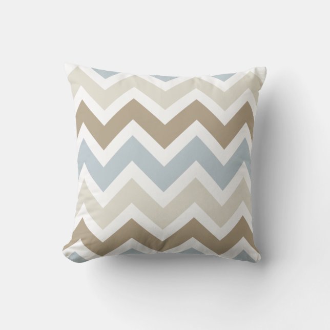 Smoky Blue Grey, Tan, and Brown Chevron Pattern Cushion (Front)