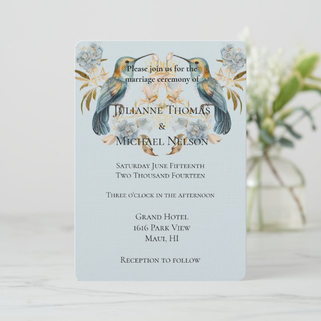 Smoky Blue Hummingbird Hydrangea Flowers Wedding Invitation (Standing Front)