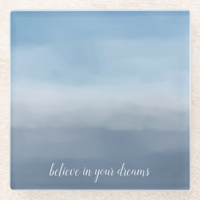 Smoky Blue Ombre Watercolor Glass Coaster (Front)