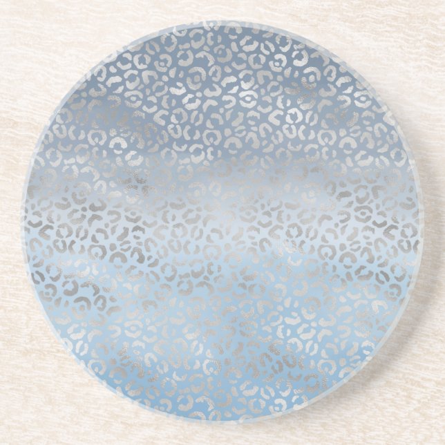 Smoky Blue White Ombre Silver Glam Leopard Print Coaster (Front)